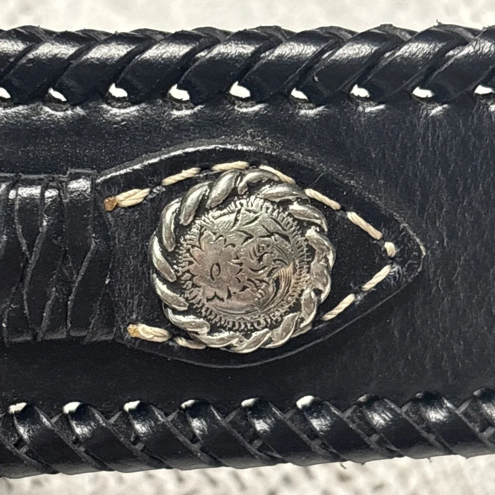Vtg Nocona Leather Belt Mens 38 Blaxk Western Buckle  Stone Tooled Buckle
